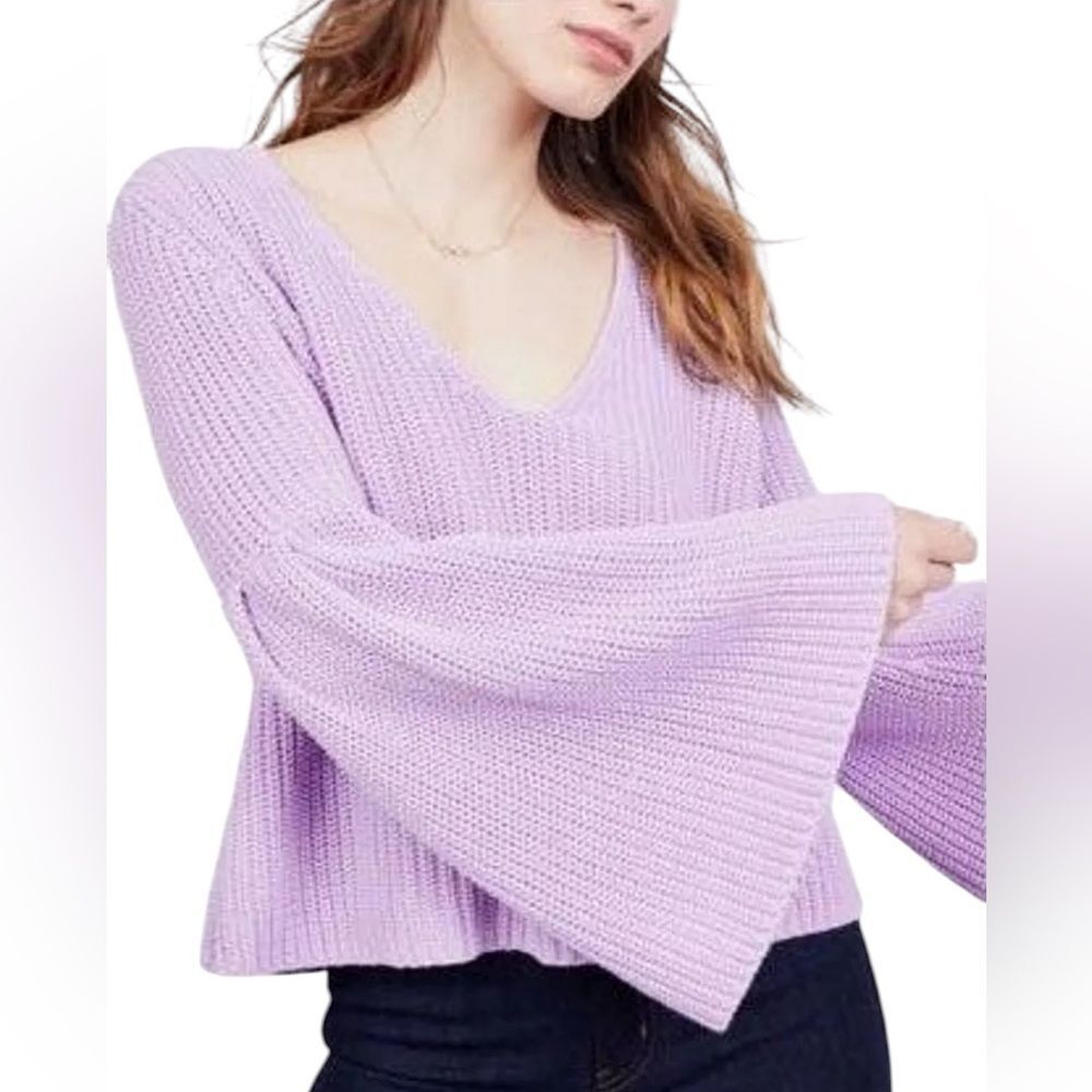 Free People Damsel Bell Sleeve Cotton V Neck Sweater  Lavender Purple Womens Med